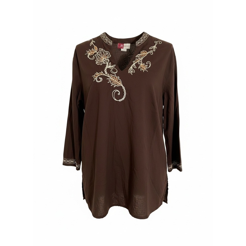 JM Collection Embroidered Tunic Top Women's Sz 16 Chocolate Brown Boho Cottage